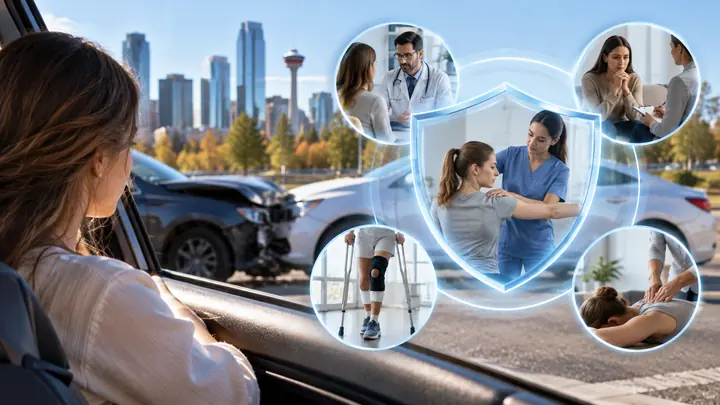Driver in a car looking at a collision on a Calgary street, framed by small pictures of medical care and physiotherapy
