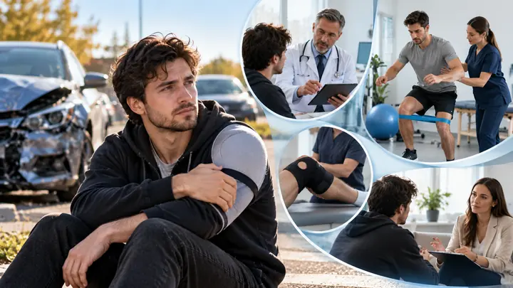 Young man holding his injured arm beside damaged cars, with pictures of a doctor, physiotherapy and counselling