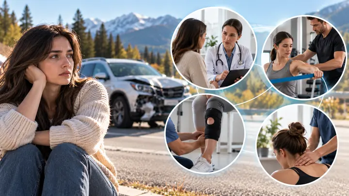 Woman sitting by a damaged SUV in front of the mountains, with pictures of a doctor visit, physiotherapy and a knee brace