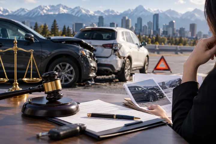 Desk with scales, a gavel, papers and photos of a crash, two damaged cars and the Calgary skyline beyond