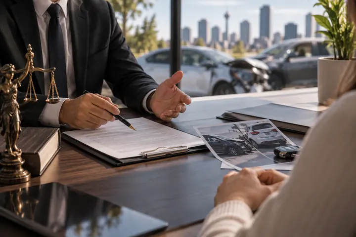 Lawyer pointing to a document while a client looks at photos of a damaged car on the desk