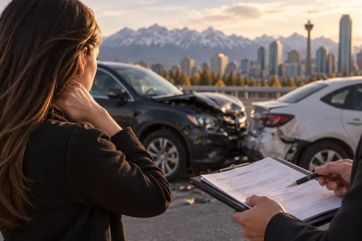 Woman holding her neck while someone reviews a form on a clipboard after a collision