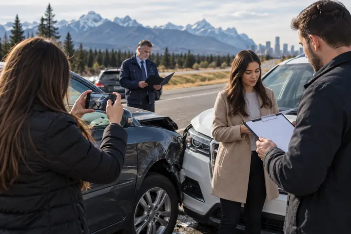 Two people noting and photographing damage at a collision scene while a man in a suit holds a clipboard