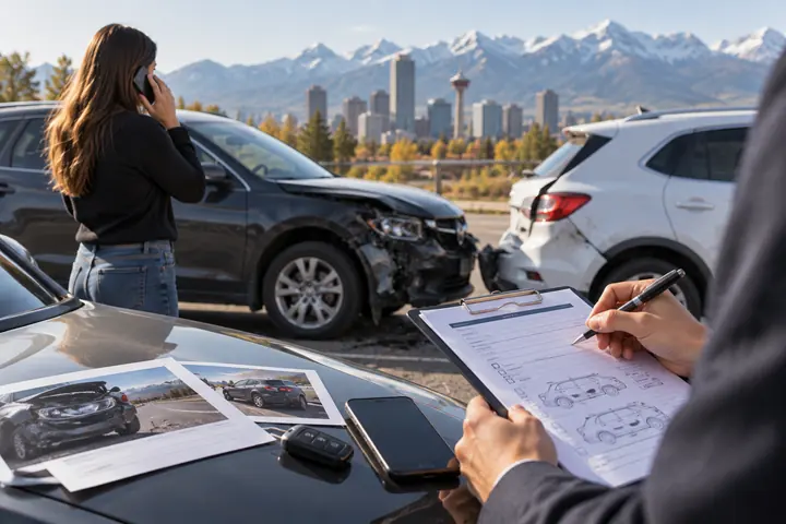 Person on the phone by damaged cars while a hand fills in a collision diagram on a claim form