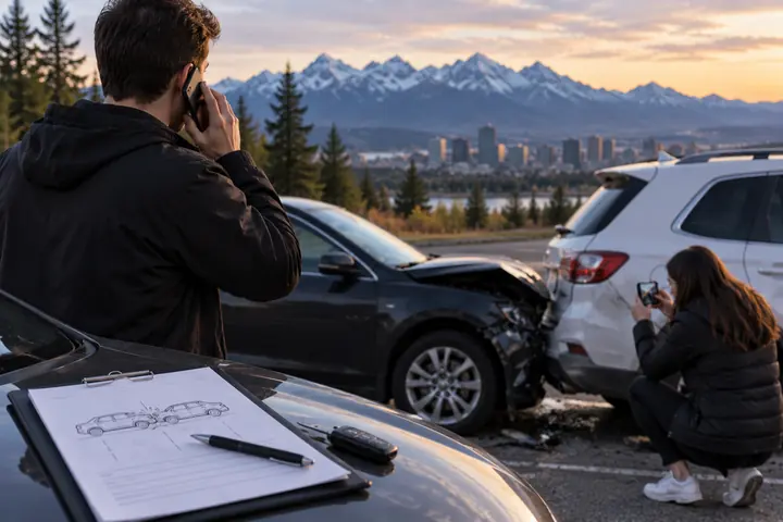 Man calling his insurer while a woman photographs the damaged rear of an SUV, a claim form on the hood