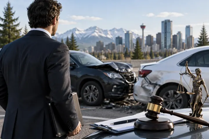 Man in a suit looking at two crashed cars, a gavel and a Lady Justice statue on the hood, Calgary skyline and mountains behind