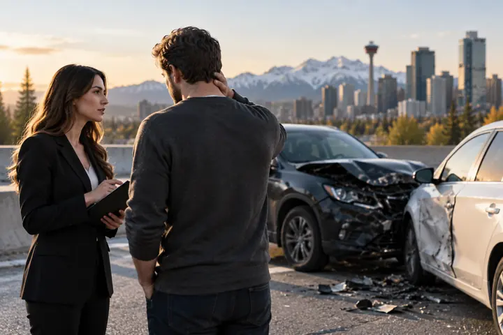 Woman with a tablet talking to a man who holds his neck beside two damaged cars, the Calgary Tower behind
