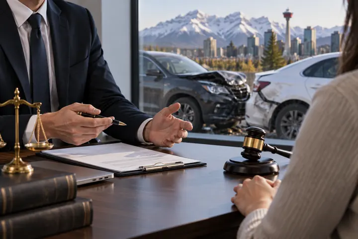 Lawyer at a desk explaining documents to a client, crashed cars and the Calgary skyline through the window