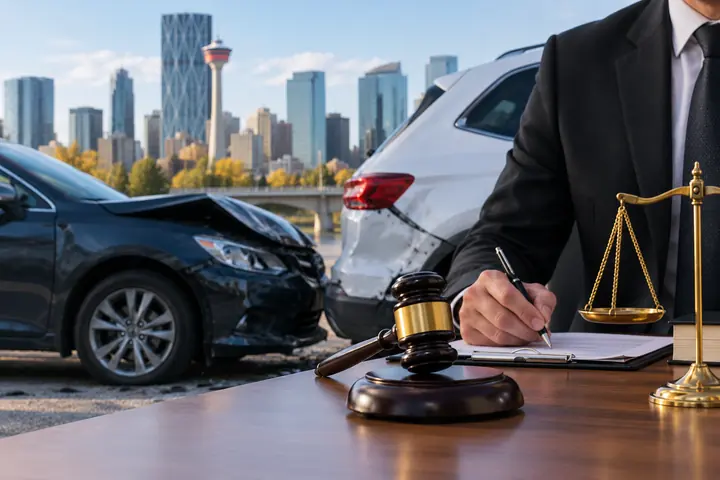Lawyer signing papers at a desk with a gavel and scales, two damaged cars and the Calgary skyline behind