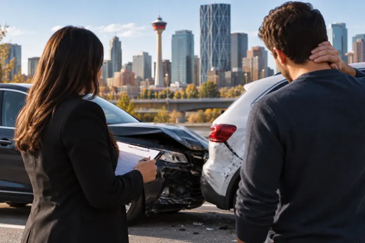 Woman with a clipboard talking to a man who holds his neck after a collision, the Calgary Tower behind them