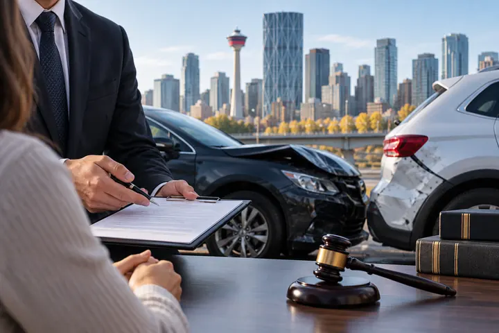Lawyer going over documents with a client at a desk, a damaged black car and downtown Calgary in the background