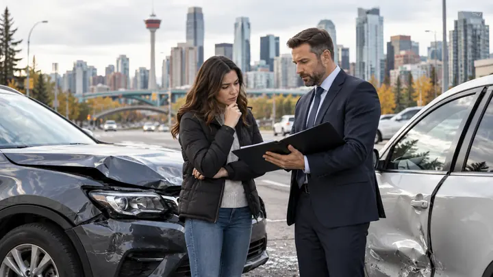 Man in a suit with a folder talking to a woman between two damaged cars, Calgary skyline behind