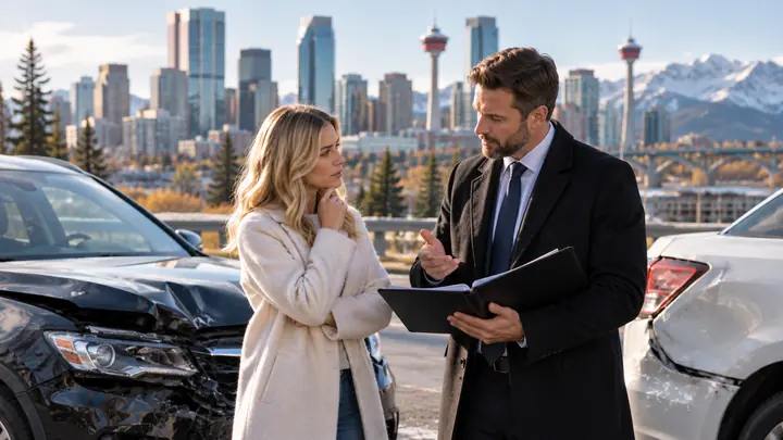 Man explaining a document in a folder to a woman standing next to damaged cars