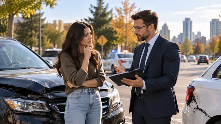 Woman listening to a man with a folder by damaged cars, a police car parked behind