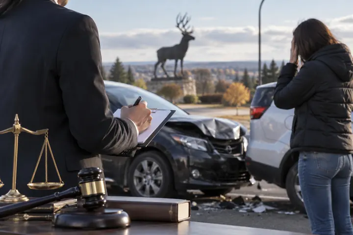 Person taking notes beside scales and a gavel while a woman looks at a crashed car, a deer statue on the hill behind