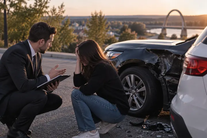 Man in a suit kneeling to talk to a distressed woman beside a damaged car, an arch bridge in the distance