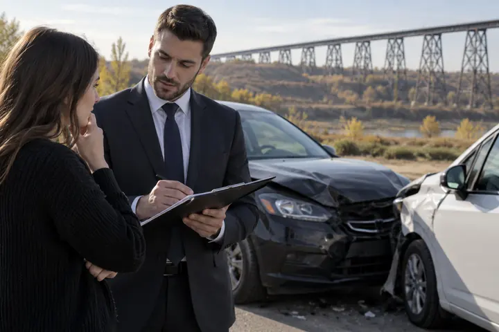Man taking notes while a woman explains a collision, the Lethbridge High Level Bridge behind them