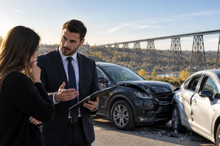 Man with a tablet explaining something to a worried woman beside two damaged cars near the Lethbridge Viaduct