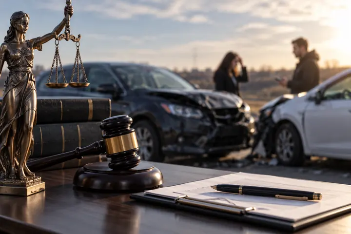 Lady Justice statue, a gavel and documents on a desk, with two people beside crashed cars in the background