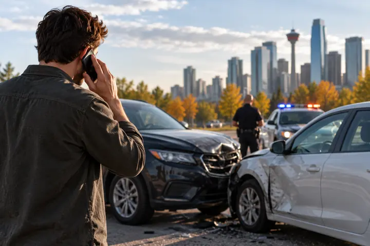 Driver on the phone beside two damaged cars, a police officer and patrol car with flashing lights behind
