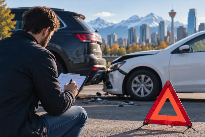 Man filling in a form on a clipboard next to a red warning triangle after a rear collision