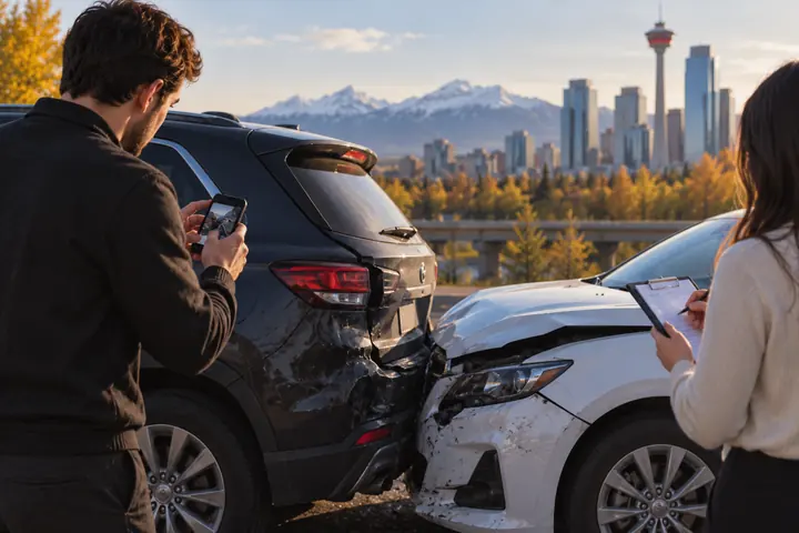 Man photographing the damage with his phone while a woman fills in a form, the Calgary skyline behind