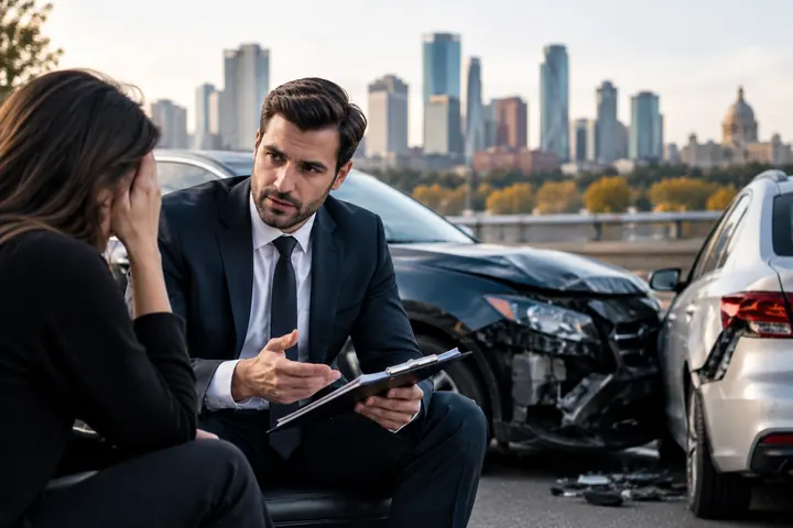 Man with a clipboard talking to a distressed woman beside damaged cars, the Edmonton skyline behind