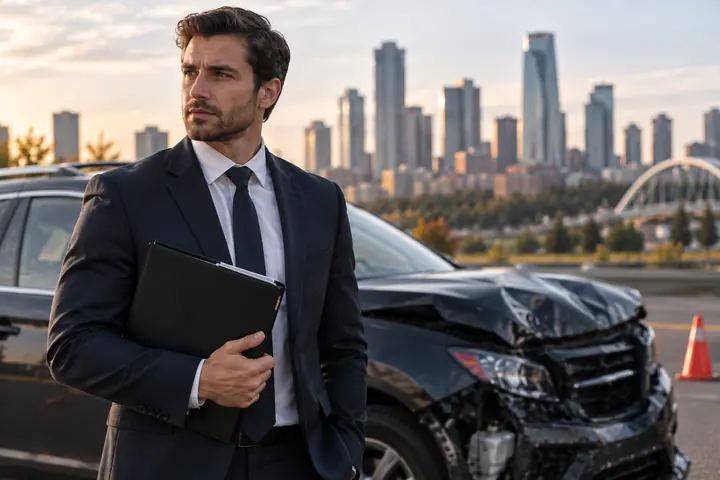 Man in a suit holding a folder in front of a damaged black car, the Edmonton skyline and a bridge behind