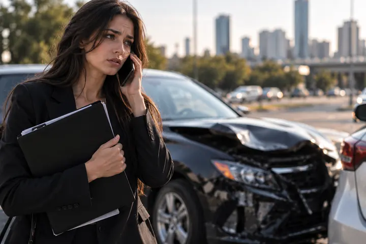 Woman on the phone holding a folder beside a crashed black car on an Edmonton road