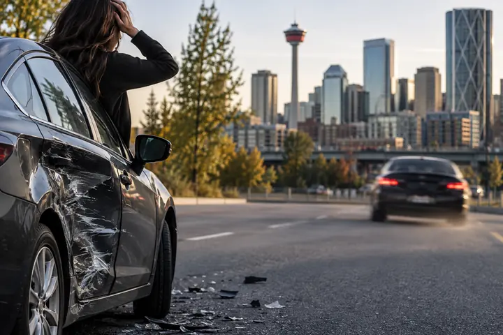Driver holding her head beside a car with a scraped side as another car drives off, the Calgary Tower in the distance