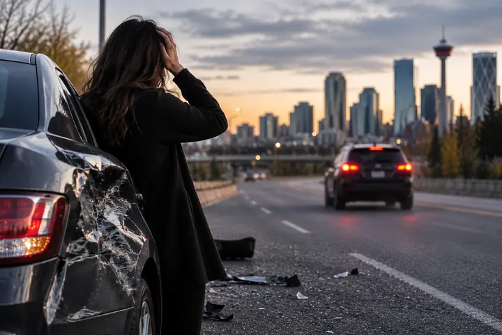 Woman standing by her damaged car on a Calgary road at dusk, watching a car drive away