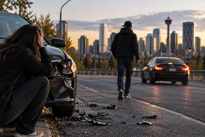Woman crouching by the damaged front of her car while a man walks away towards a car stopped on the road