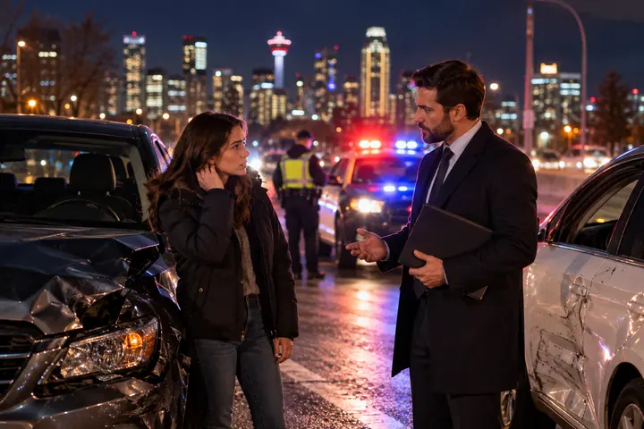 Night collision scene in Calgary, a man with a folder talking to a woman beside damaged cars while police stand by