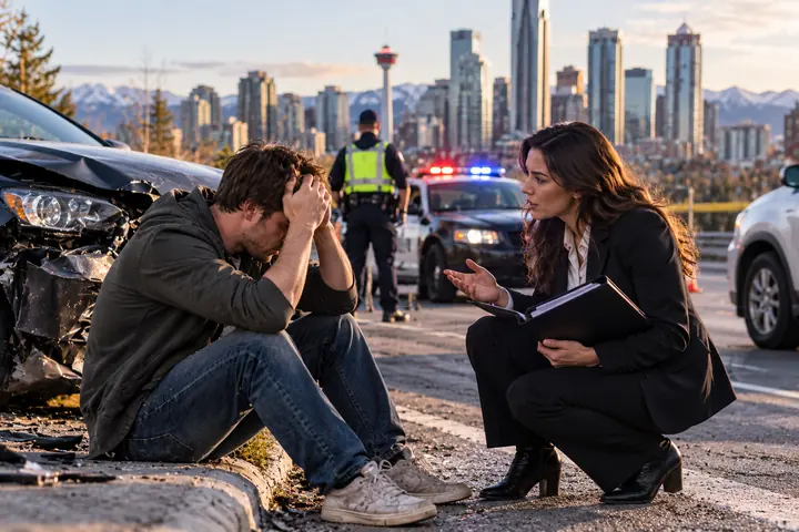 Man holding his head at the roadside while a woman with a folder kneels to talk to him, a police officer behind