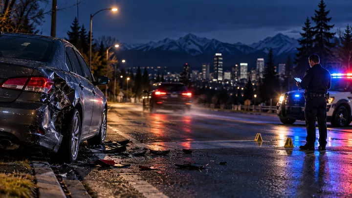 Damaged car on a wet road at night with debris and evidence markers, a police officer by a patrol car