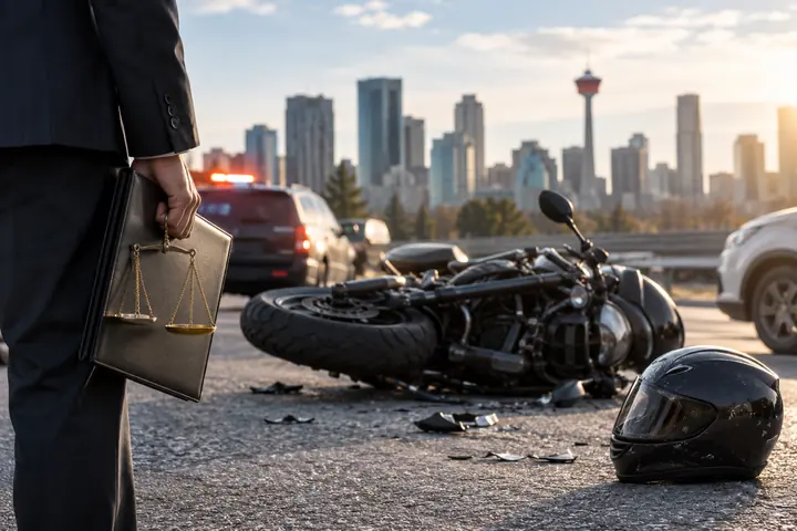 Motorcycle and helmet lying on the road after a crash, a person with a briefcase in the foreground and Calgary skyline behind