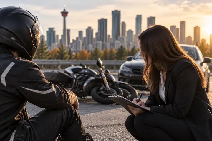 Woman with a tablet kneeling to talk to an injured rider in a helmet, his motorcycle on its side behind them