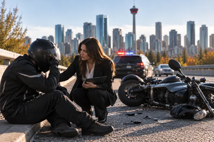 Woman comforting a rider sitting on the curb next to a fallen motorcycle, a police car with lights on behind