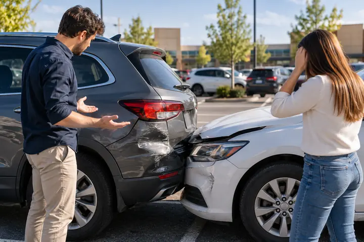 Two drivers arguing beside a white car that ran into the back of an SUV in a parking lot