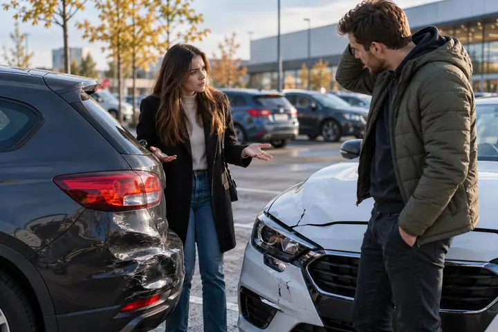 Woman and man discussing a collision between a dark SUV and a white car in a parking lot