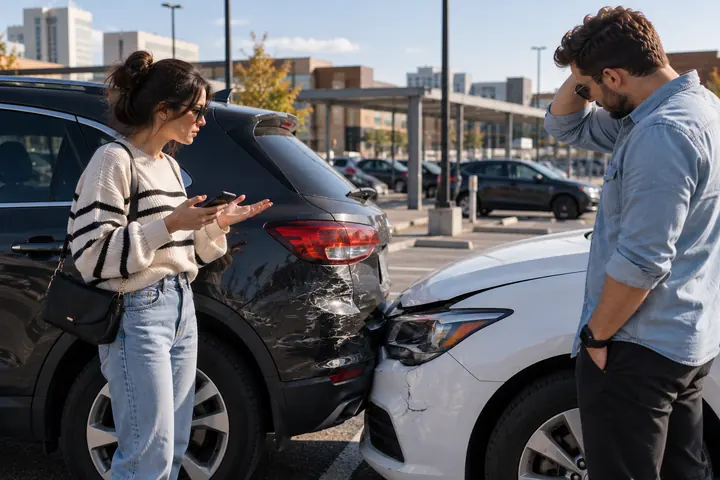Woman checking her phone while a man holds his head beside two cars that collided in a parking lot