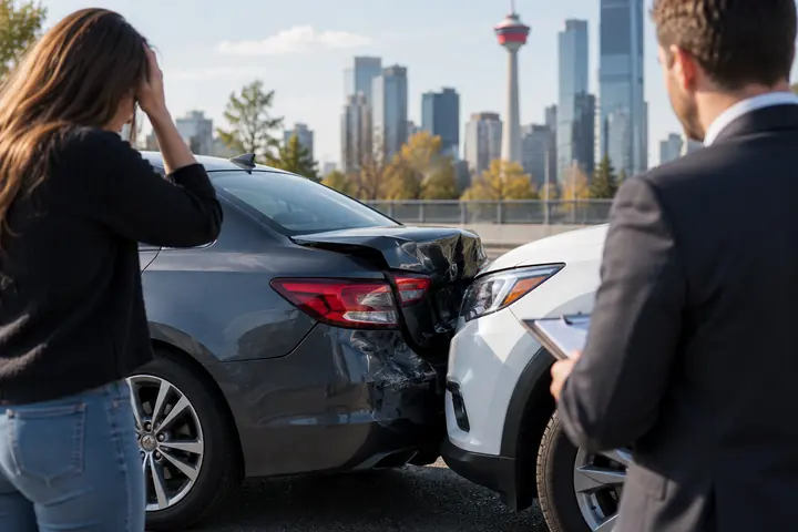 Woman holding her head beside a car hit from behind while a man with a clipboard looks on, the Calgary Tower behind