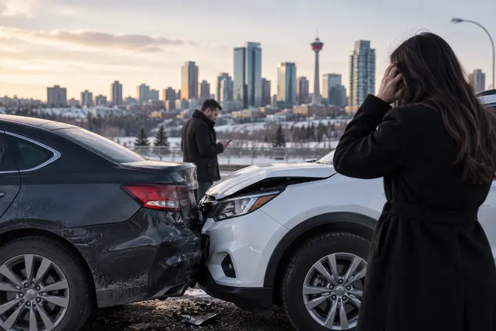 Woman beside a white car that ran into the back of a dark sedan on a Calgary road