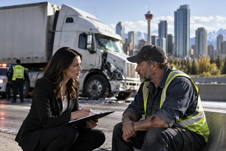 Woman with a clipboard talking to a truck driver in a safety vest in front of a damaged semi-trailer, Calgary skyline behind