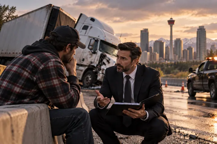 Man in a suit speaking with a truck driver who sits on a concrete barrier near a crashed semi truck