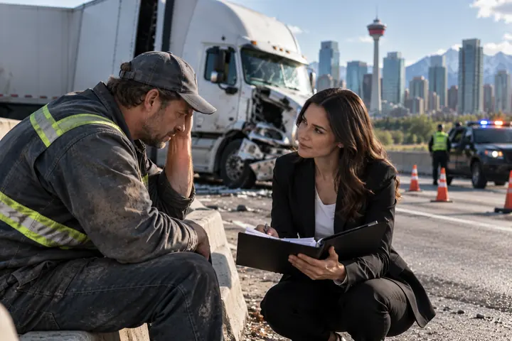 Woman taking notes beside a distressed truck driver after a collision, a police officer and patrol car behind