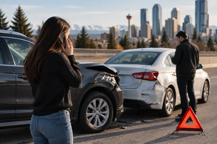 Woman on the phone beside a rear-end collision, a red warning triangle placed on the road behind the cars