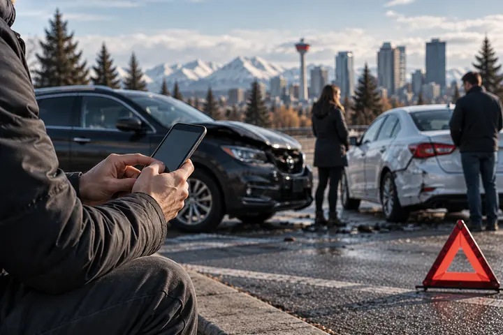 Driver typing on a phone while other people stand by two damaged cars and a warning triangle