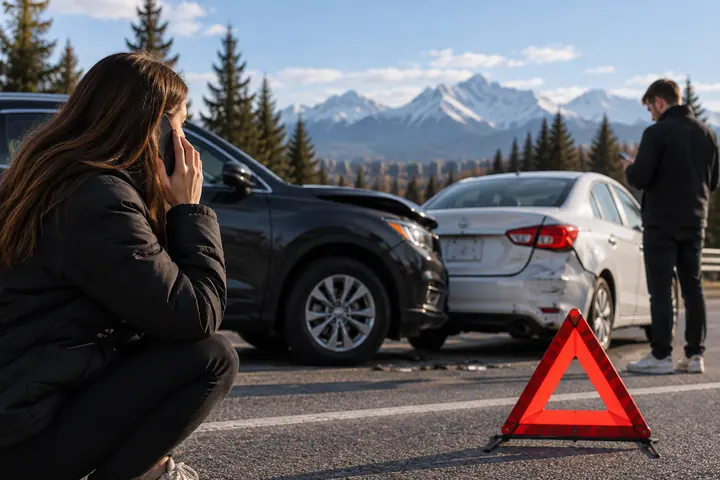 Woman on the phone crouching near two damaged cars, a warning triangle on the road and mountains behind